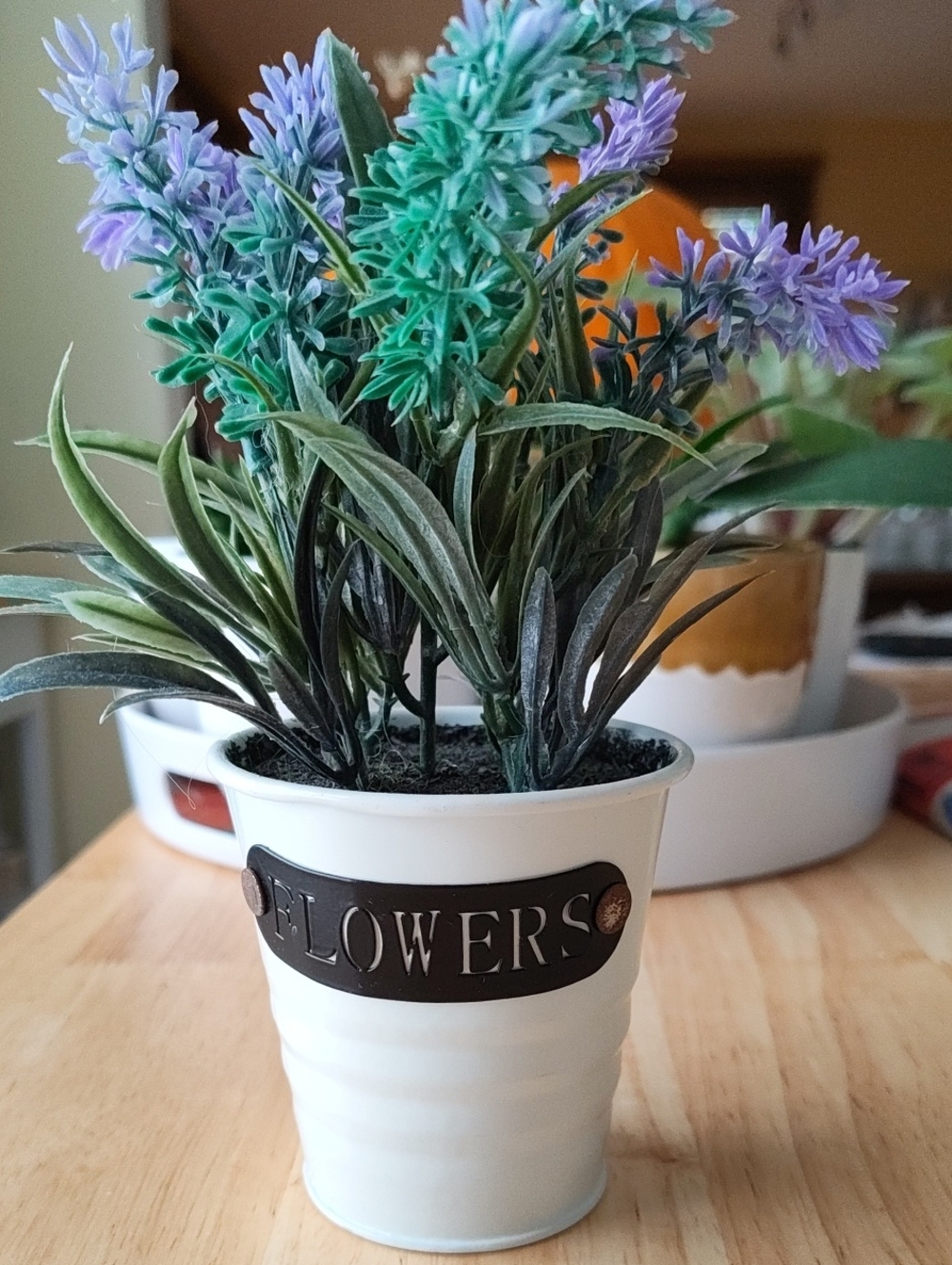 White 'Flowers' Metal Pot with Purple-Green Artificial Lavender
